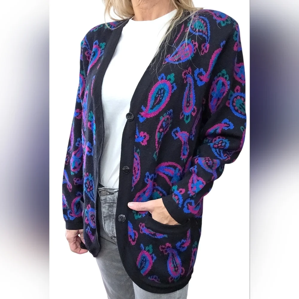 Vintage Charter Club Paisley Cardigan Wool Blend 90s Y2K Longline Sweater M - Picture 2 of 8